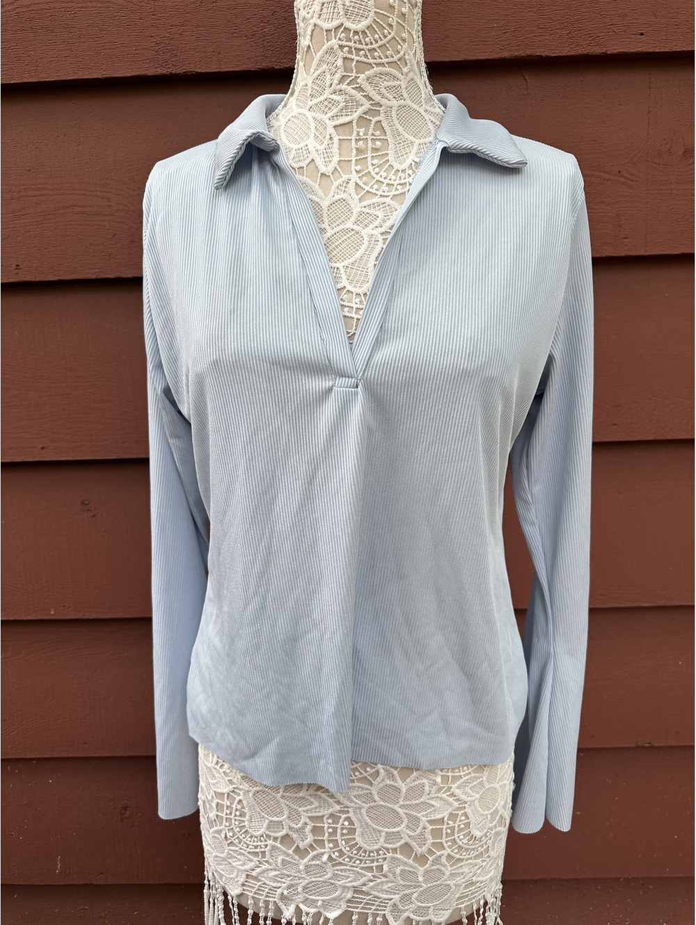 Boohoo Light Blue Long Sleeve Collared Top with Flared Sleeves